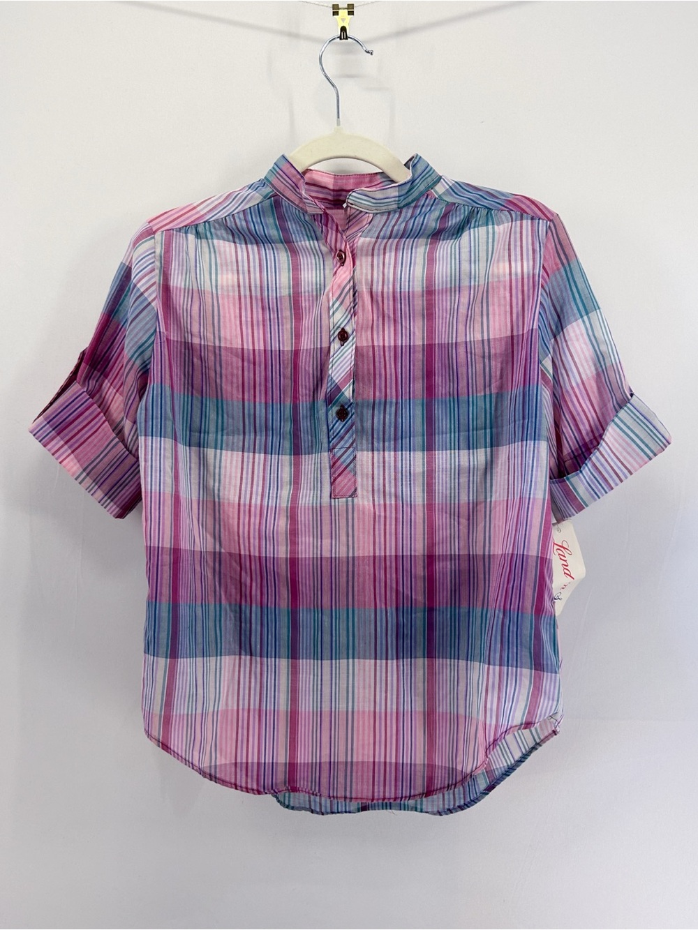 Vintage 70s/80s Land n’ Sea Pink Plaid Poplin Popover Blouse Deadstock NWT
